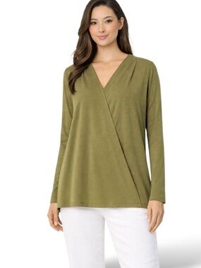 KIT and ACE Olive Green Faux Wrap Long Sleeve Top Hi-Lo Hem Sz L